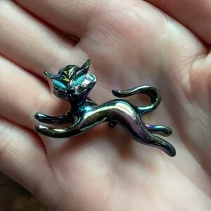 Vintage MCM Black Enamel Metallic Iridescent Bewitching Cat Pin w/Turquoise Eyes